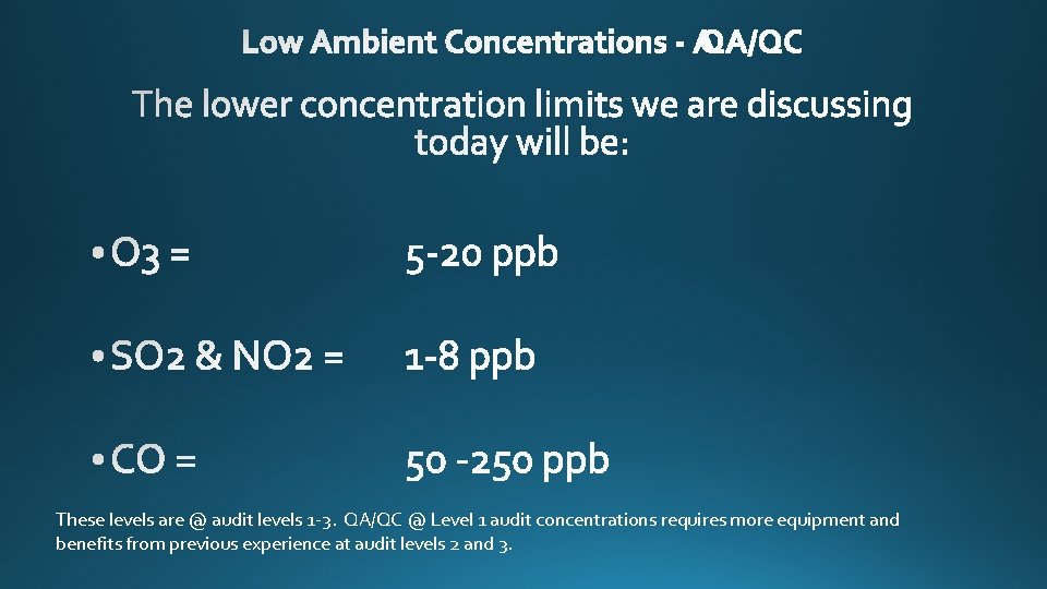 These levels are @ audit levels 1 -3. QA/QC @ Level 1 audit concentrations