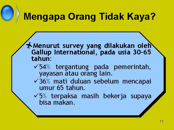 Mengapa Orang Tidak Kaya? ñMenurut survey yang dilakukan oleh Gallup International, pada usia 30