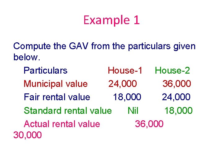 Example 1 Compute the GAV from the particulars given below. Particulars House-1 House-2 Municipal