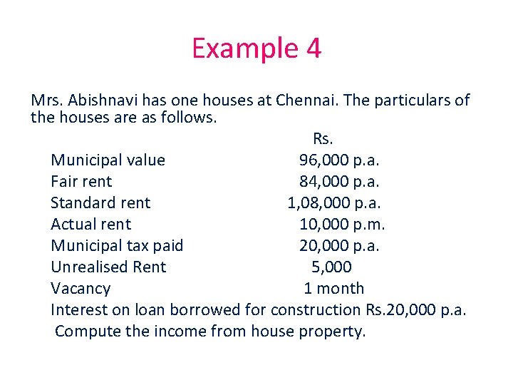 Example 4 Mrs. Abishnavi has one houses at Chennai. The particulars of the houses