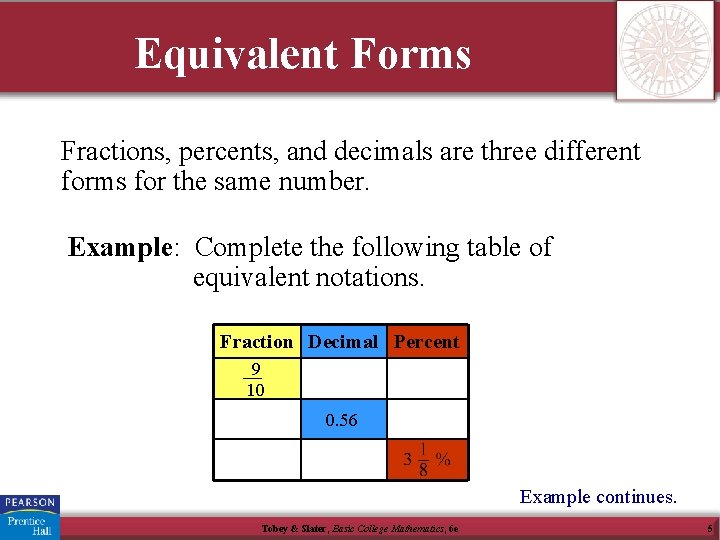 Equivalent Forms Fractions, percents, and decimals are three different forms for the same number.