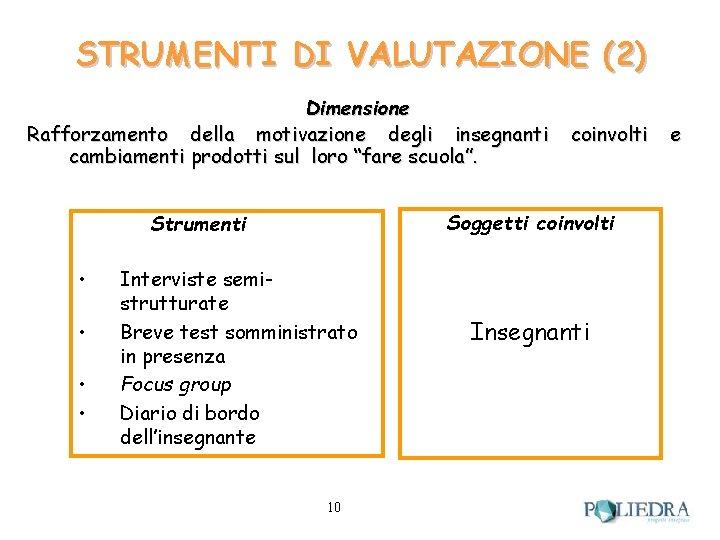 STRUMENTI DI VALUTAZIONE (2) Dimensione Rafforzamento della motivazione degli insegnanti cambiamenti prodotti sul loro