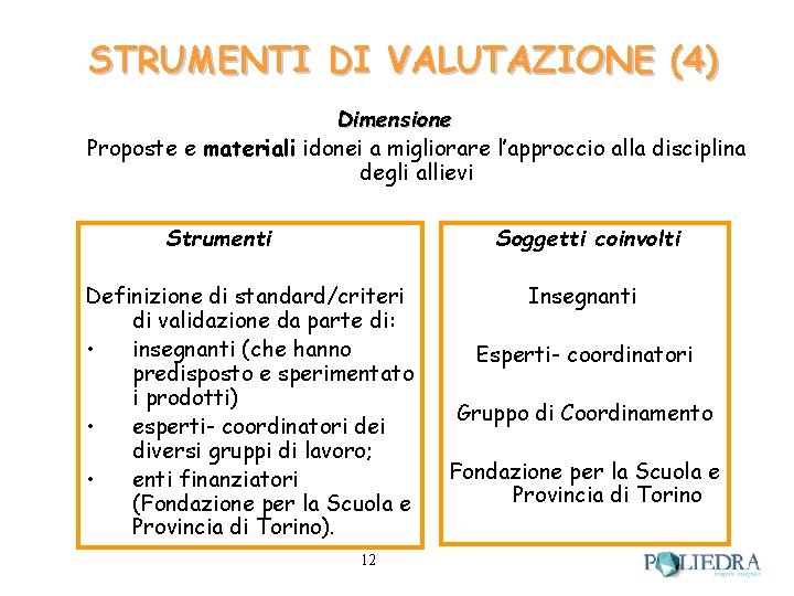 STRUMENTI DI VALUTAZIONE (4) Dimensione Proposte e materiali idonei a migliorare l’approccio alla disciplina