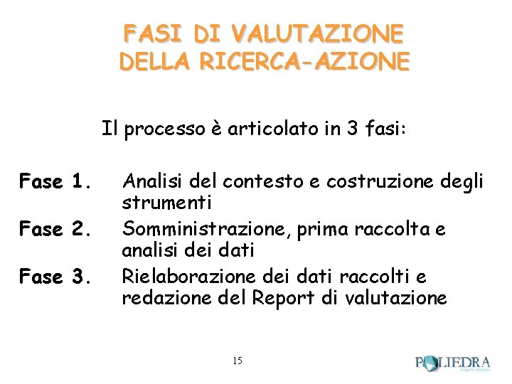 FASI DI VALUTAZIONE DELLA RICERCA-AZIONE Il processo è articolato in 3 fasi: Fase 1.