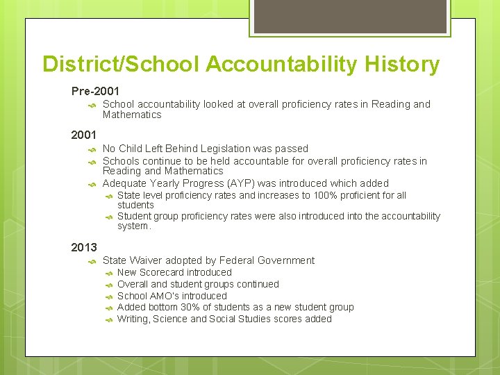 District/School Accountability History Pre-2001 School accountability looked at overall proficiency rates in Reading and