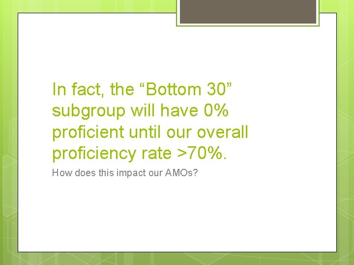 In fact, the “Bottom 30” subgroup will have 0% proficient until our overall proficiency