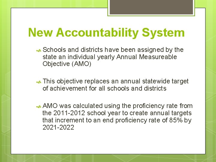 New Accountability System Schools and districts have been assigned by the state an individual