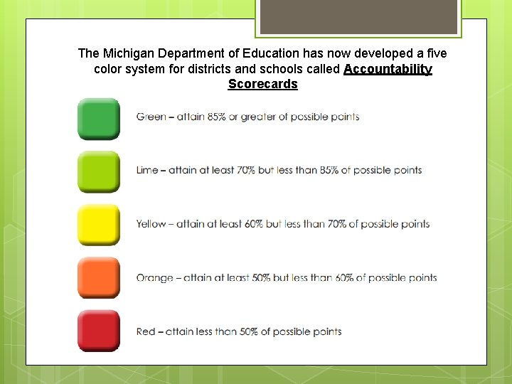 The Michigan Department of Education has now developed a five color system for districts