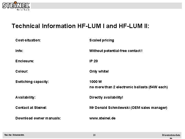 Technical Information HF-LUM I and HF-LUM II: Cost-situation: Scaled pricing Info: Without potential-free contact