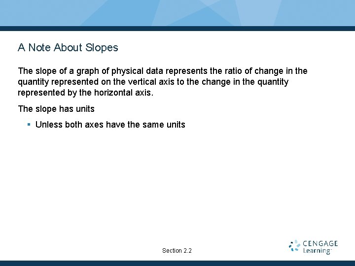 A Note About Slopes The slope of a graph of physical data represents the A Note About Slopes The slope of a graph of physical data represents the