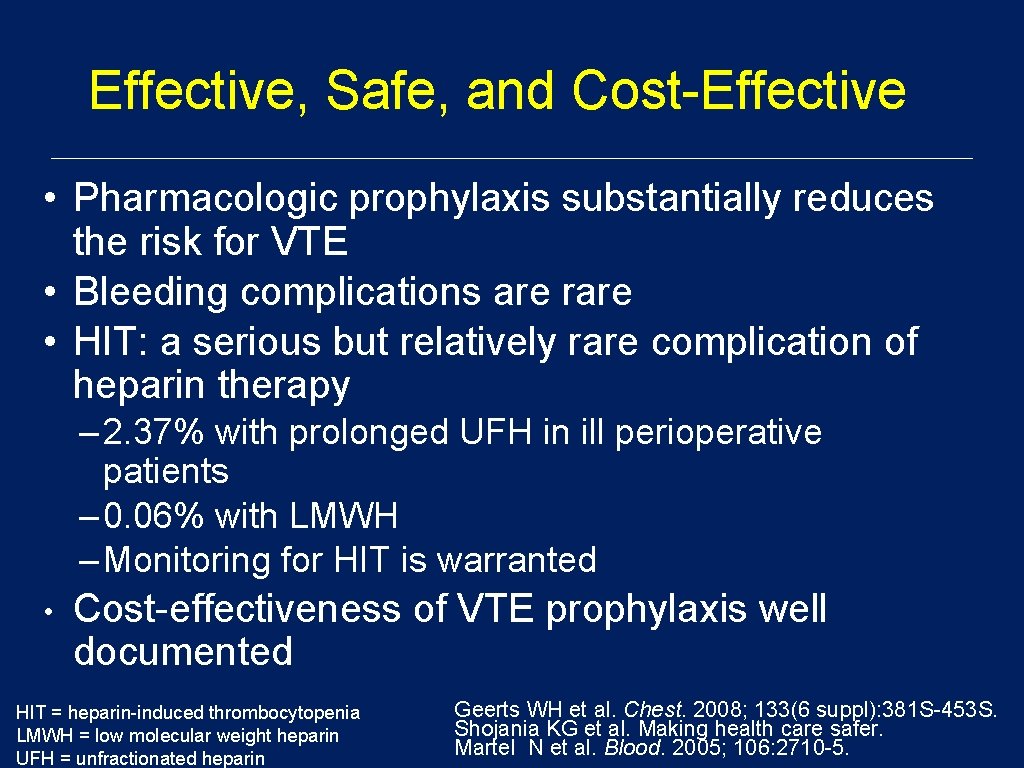 Effective, Safe, and Cost-Effective • Pharmacologic prophylaxis substantially reduces the risk for VTE •