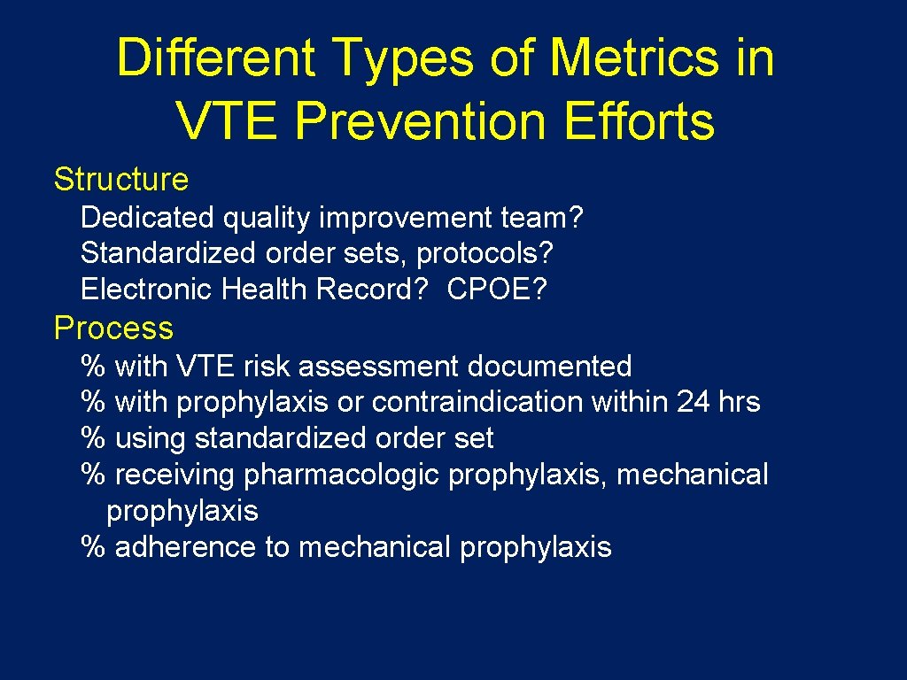 Different Types of Metrics in VTE Prevention Efforts Structure Dedicated quality improvement team? Standardized