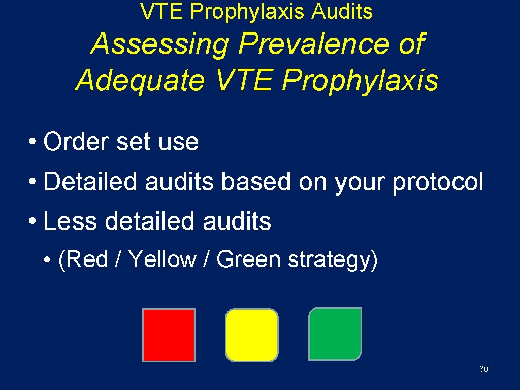 VTE Prophylaxis Audits Assessing Prevalence of Adequate VTE Prophylaxis • Order set use •