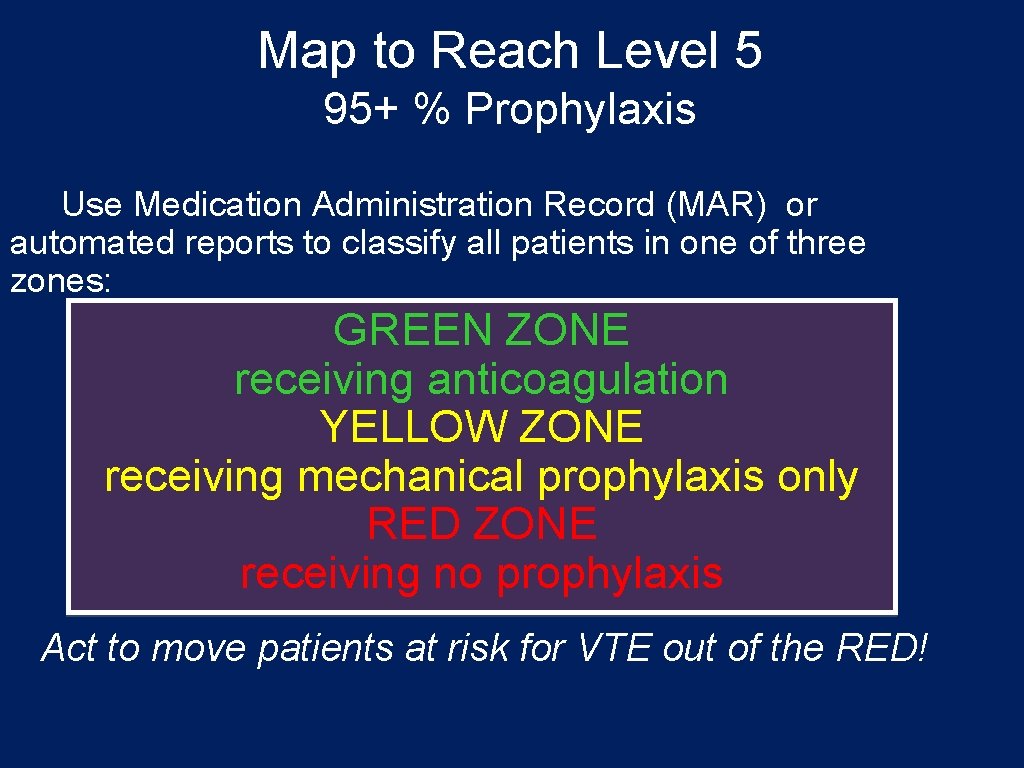 Map to Reach Level 5 95+ % Prophylaxis Use Medication Administration Record (MAR) or