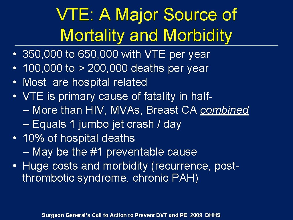 VTE: A Major Source of Mortality and Morbidity • • 350, 000 to 650,