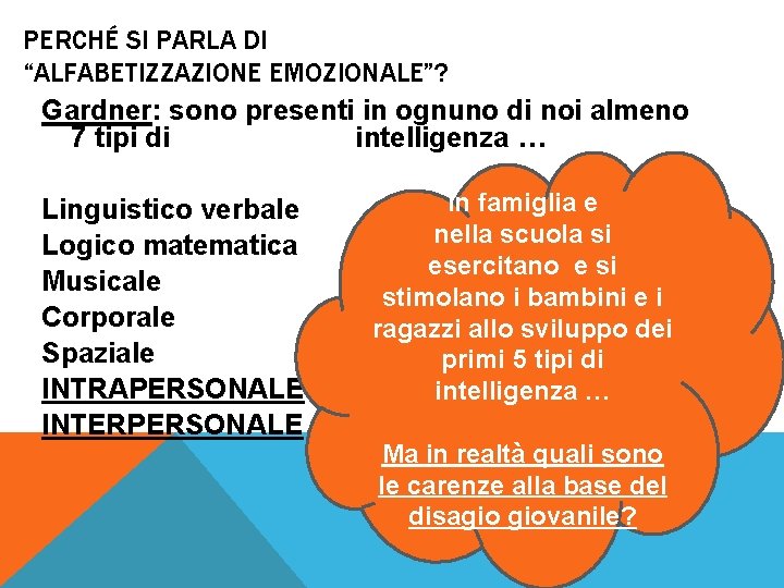 PERCHÉ SI PARLA DI “ALFABETIZZAZIONE EMOZIONALE”? Gardner: sono presenti in ognuno di noi almeno