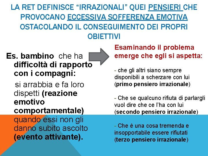 LA RET DEFINISCE “IRRAZIONALI” QUEI PENSIERI CHE PROVOCANO ECCESSIVA SOFFERENZA EMOTIVA OSTACOLANDO IL CONSEGUIMENTO