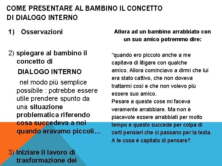 COME PRESENTARE AL BAMBINO IL CONCETTO DI DIALOGO INTERNO 1) Osservazioni 2) spiegare al