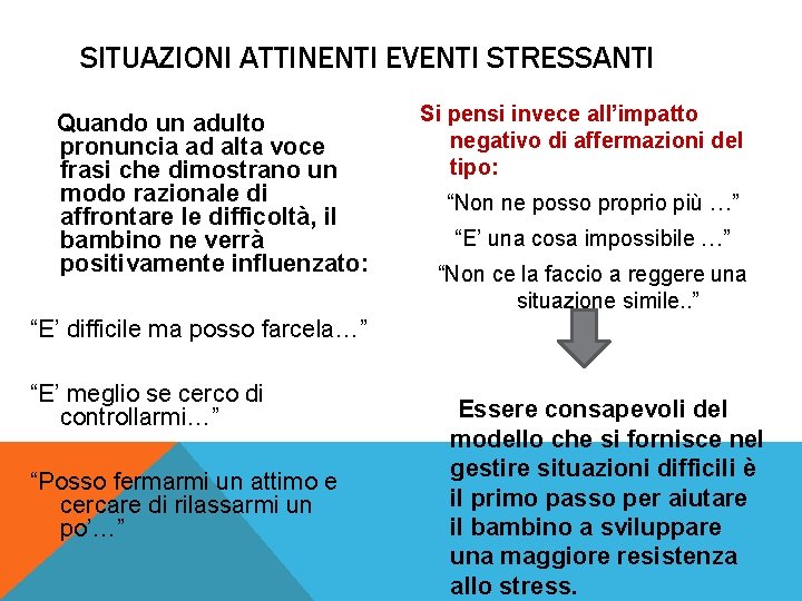 SITUAZIONI ATTINENTI EVENTI STRESSANTI Quando un adulto pronuncia ad alta voce frasi che dimostrano