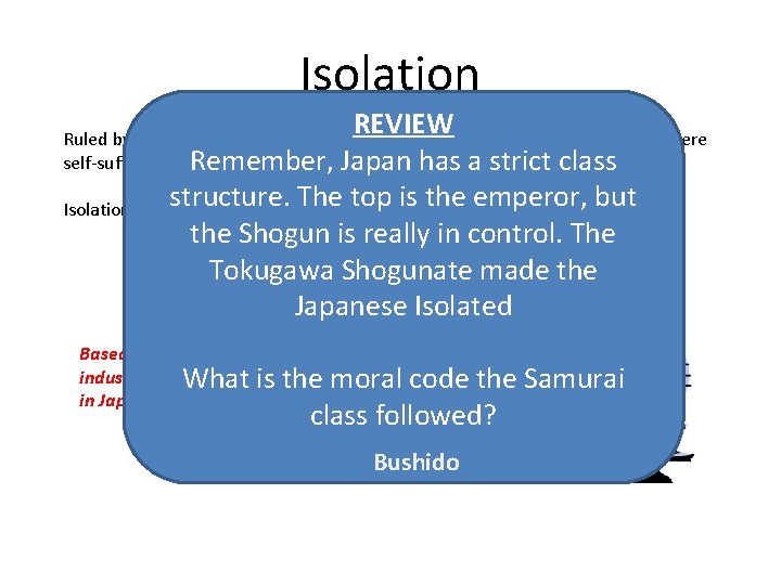 Isolation REVIEW Ruled by the Tokugawa Shogunate and Isolated for 300 years. The Japanese
