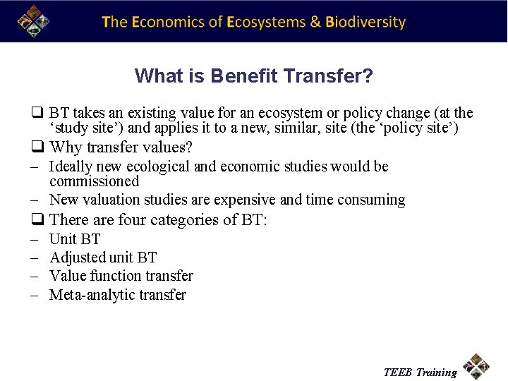 What is Benefit Transfer? q BT takes an existing value for an ecosystem or