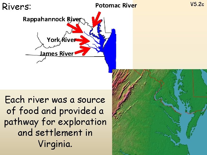 Rivers: Potomac River Rappahannock River York River James River Each river was a source