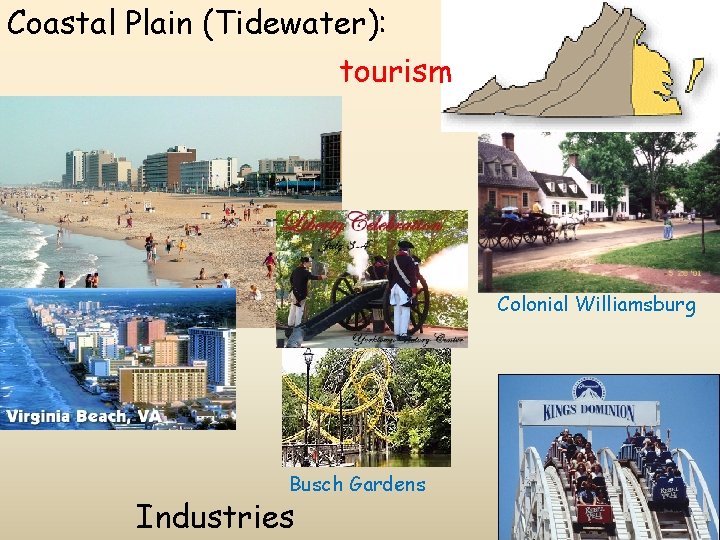 Coastal Plain (Tidewater): tourism Colonial Williamsburg Busch Gardens Industries 