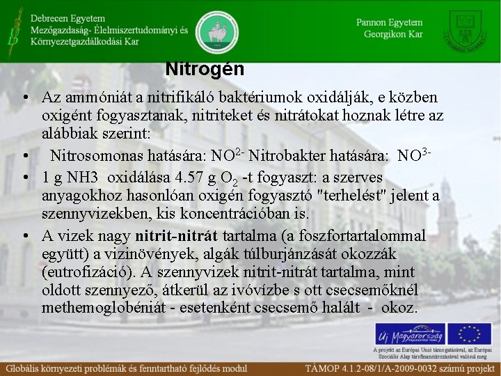 Nitrogén • Az ammóniát a nitrifikáló baktériumok oxidálják, e közben oxigént fogyasztanak, nitriteket és