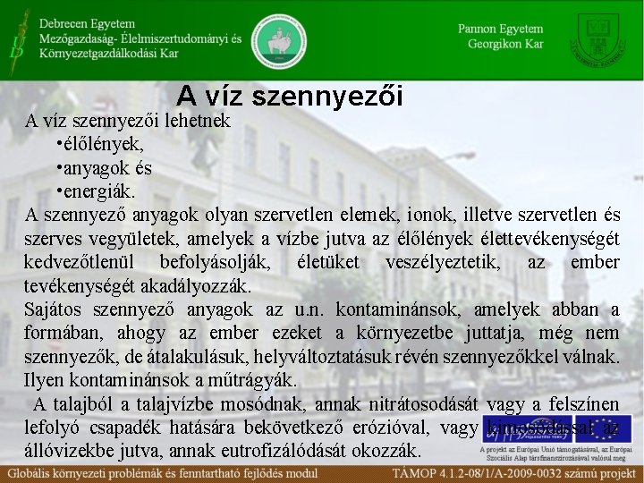 A víz szennyezői lehetnek • élőlények, • anyagok és • energiák. A szennyező anyagok