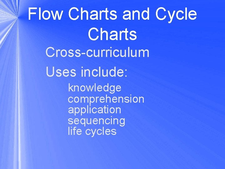Flow Charts and Cycle Charts Cross-curriculum Uses include: knowledge comprehension application sequencing life cycles