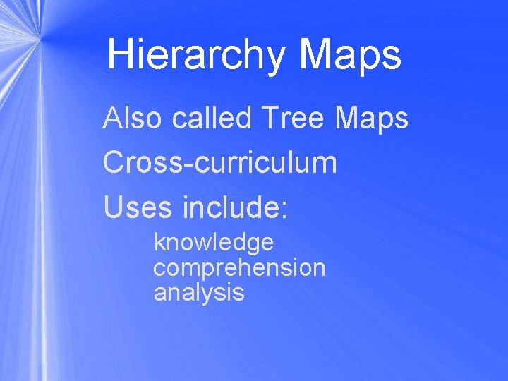 Hierarchy Maps Also called Tree Maps Cross-curriculum Uses include: knowledge comprehension analysis 