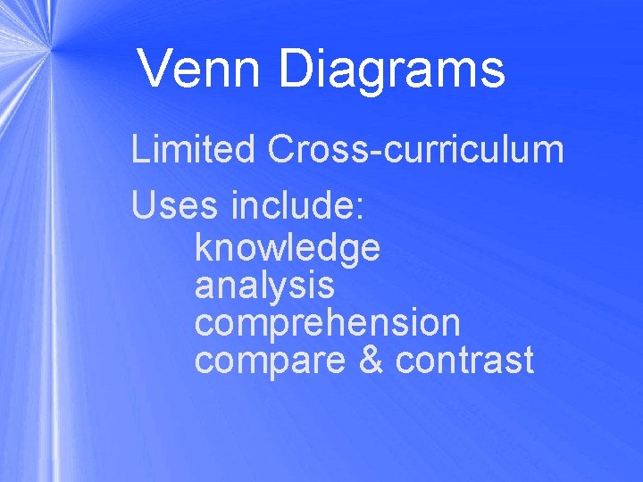 Venn Diagrams Limited Cross-curriculum Uses include: knowledge analysis comprehension compare & contrast 