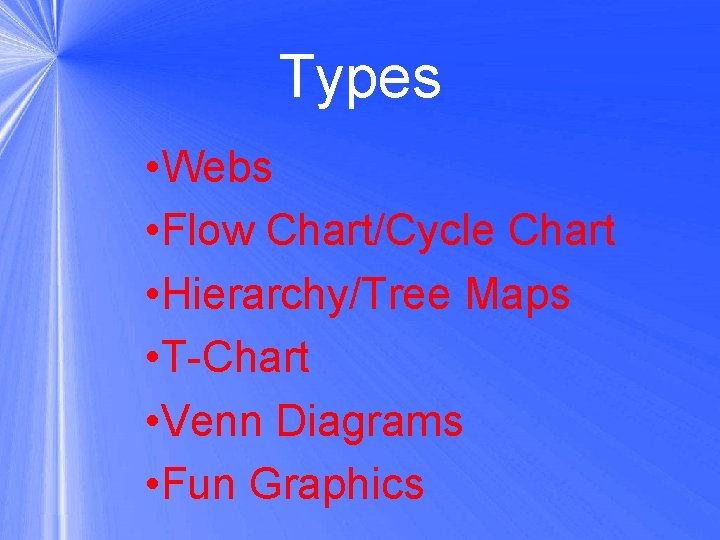 Types • Webs • Flow Chart/Cycle Chart • Hierarchy/Tree Maps • T-Chart • Venn