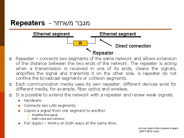 Repeaters - מגבר משחזר Ethernet segment R Direct connection Repeater p p p Repeater
