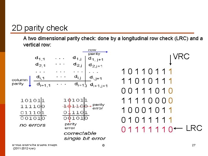 2 D parity check A two dimensional parity check: done by a longitudinal row