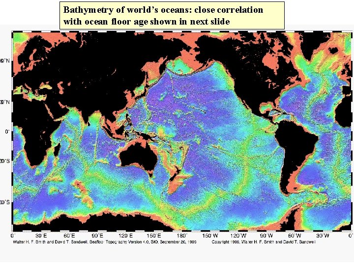 Bathymetry of world’s oceans: close correlation with ocean floor age shown in next slide