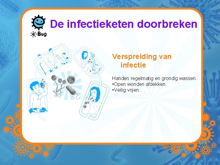 De infectieketen doorbreken Verspreiding van infectie Handen regelmatig en grondig wassen. • Open wonden