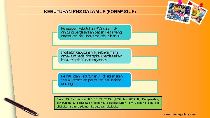 KEBUTUHAN PNS DALAM JF (FORMASI JF) Penetapan kebutuhan PNS dalam JF dihitung berdasarkan beban