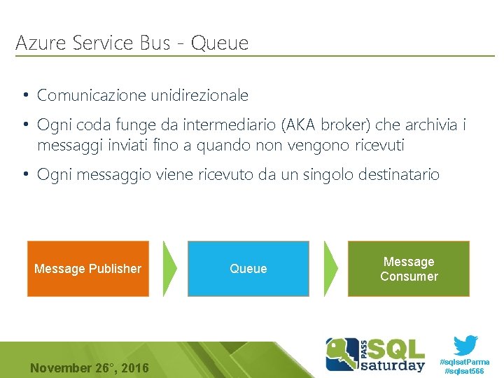 Azure Service Bus - Queue • Comunicazione unidirezionale • Ogni coda funge da intermediario