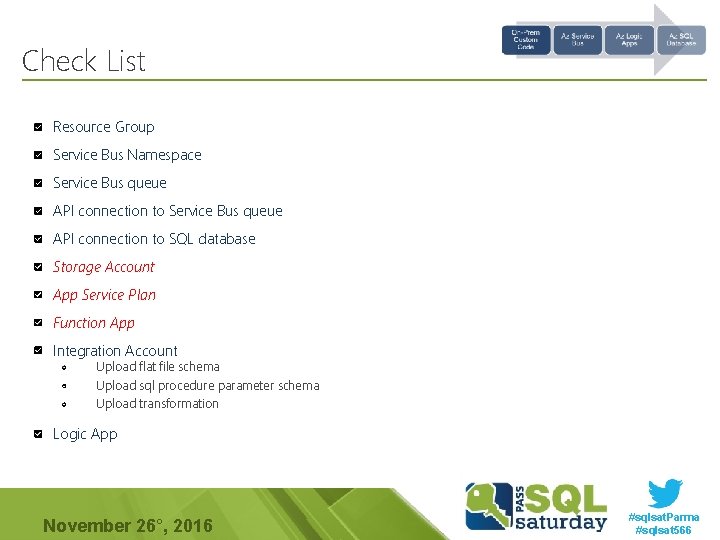 Check List Resource Group Service Bus Namespace Service Bus queue API connection to SQL