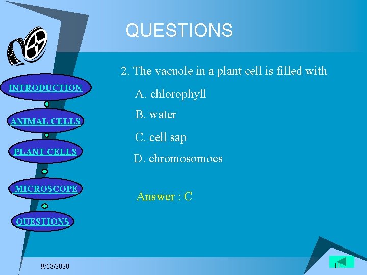 QUESTIONS 2. The vacuole in a plant cell is filled with INTRODUCTION ANIMAL CELLS