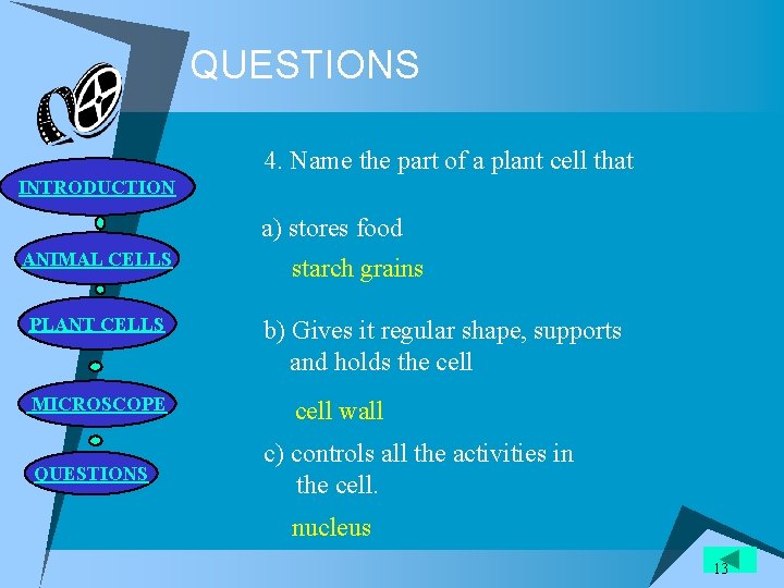 QUESTIONS 4. Name the part of a plant cell that INTRODUCTION a) stores food