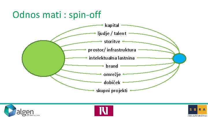 Odnos mati : spin-off kapital ljudje / talent storitve prostor/ infrastruktura intelektualna lastnina brand