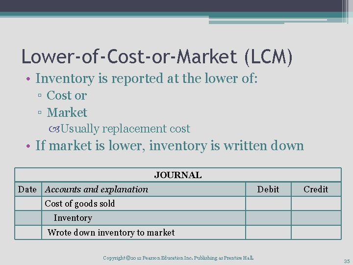 Lower-of-Cost-or-Market (LCM) • Inventory is reported at the lower of: ▫ Cost or ▫
