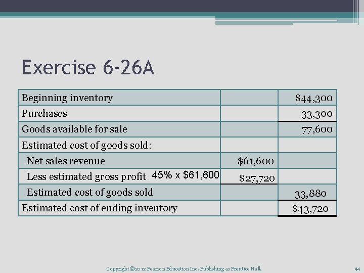 Exercise 6 -26 A Beginning inventory $44, 300 Purchases 33, 300 Goods available for