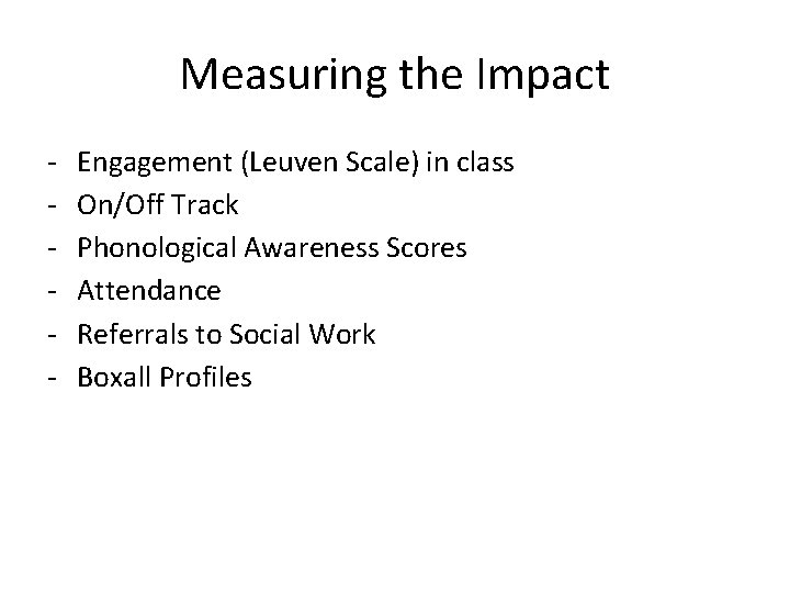 Measuring the Impact - Engagement (Leuven Scale) in class On/Off Track Phonological Awareness Scores