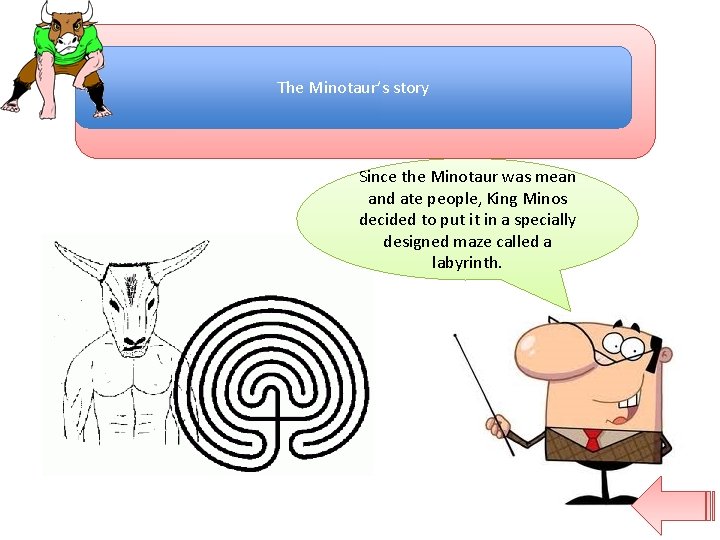 The Minotaur’s story Since the Minotaur was mean and ate people, King Minos decided