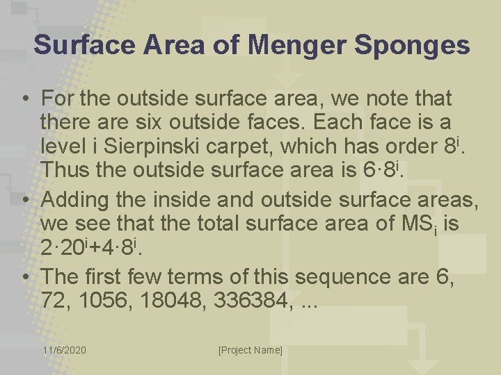 Surface Area of Menger Sponges • For the outside surface area, we note that