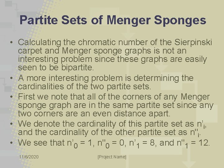 Partite Sets of Menger Sponges • Calculating the chromatic number of the Sierpinski carpet