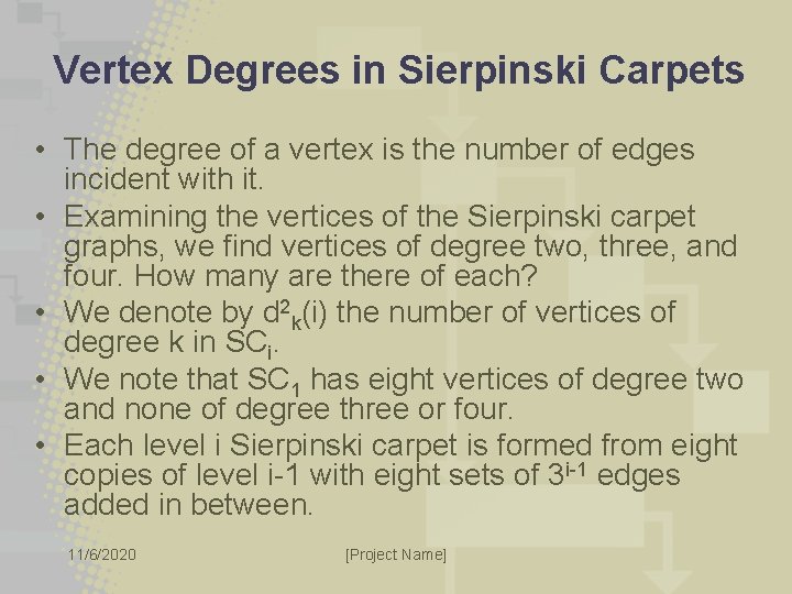 Vertex Degrees in Sierpinski Carpets • The degree of a vertex is the number